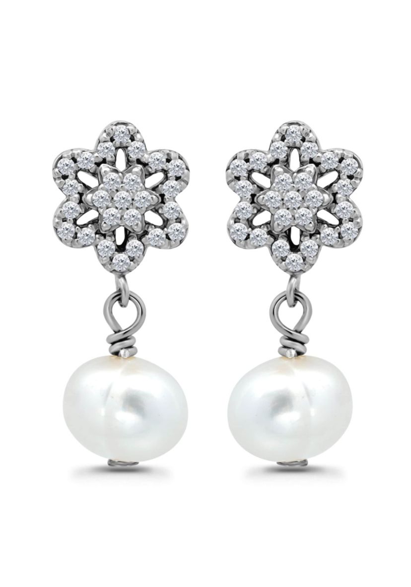 Freshwater Pearl Drop and Pave White Topaz Flower Sterling Silver Post Drop Earrings