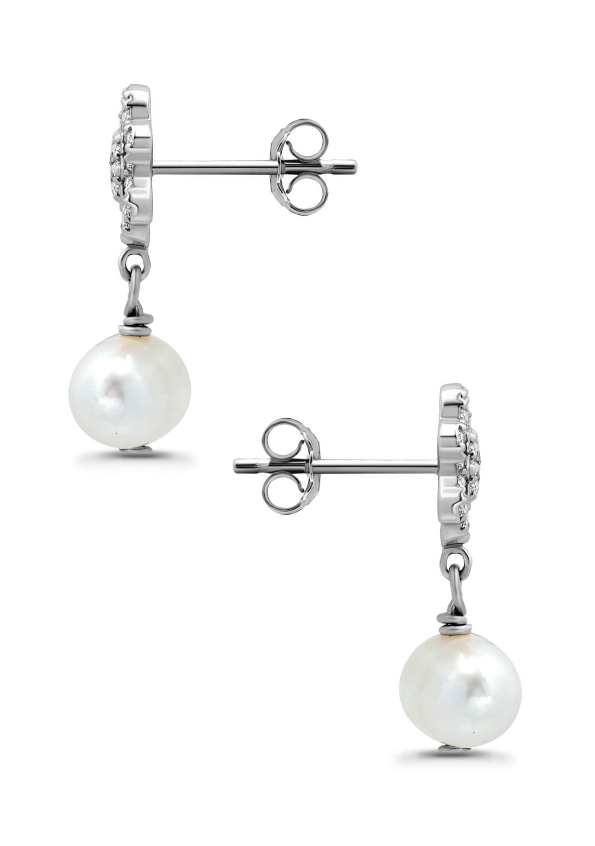 Freshwater Pearl Drop and Pave White Topaz Flower Sterling Silver Post Drop Earrings