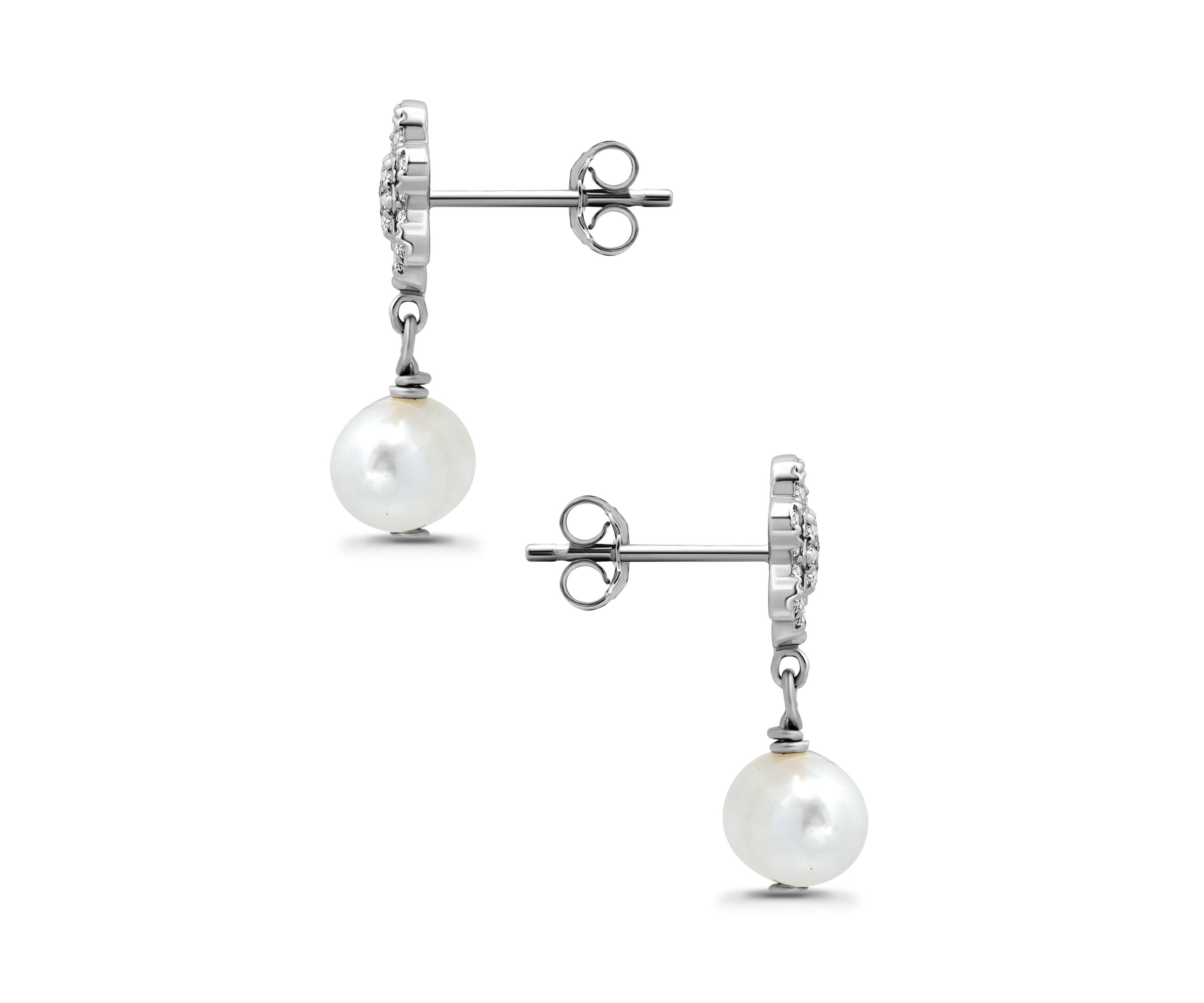 Freshwater Pearl Drop and Pave White Topaz Flower Sterling Silver Post Drop Earrings