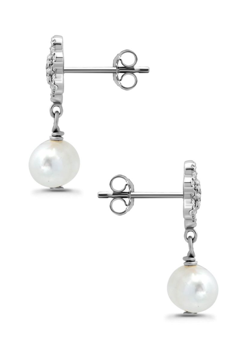 Freshwater Pearl Drop and Pave White Topaz Flower Sterling Silver Post Drop Earrings
