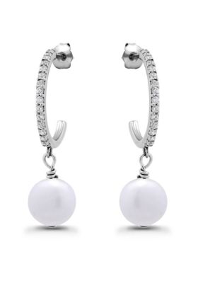 Belk & Co Freshwater Pearl Drop and Pave White Topaz Sterling Silver Post Hoop Earrings