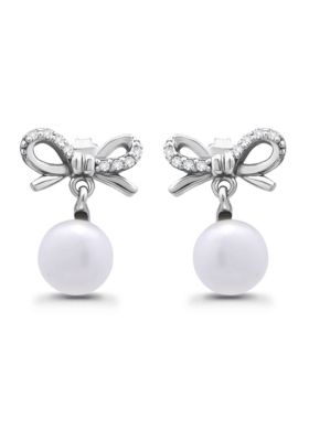 Belk & Co Freshwater Pearl and Pave White Topaz Bow Sterling Silver Post Earrings
