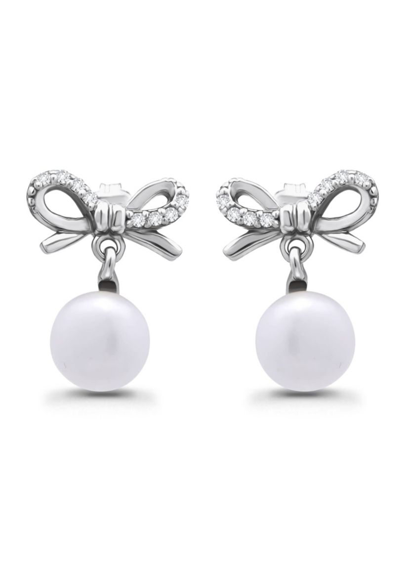 Freshwater Pearl and Pave White Topaz Bow Sterling Silver Post Earrings