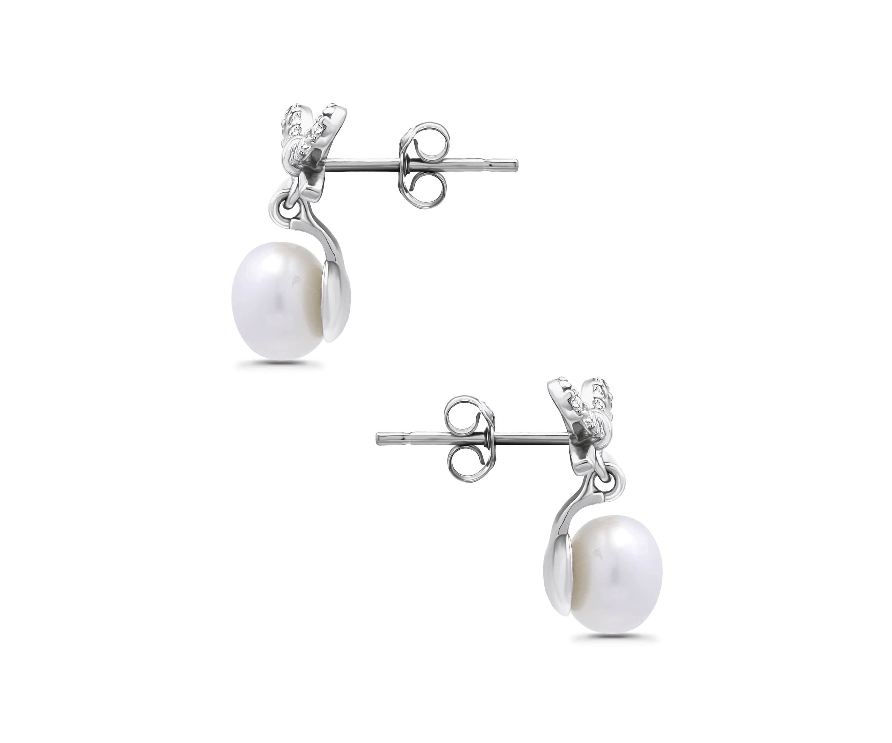 Freshwater Pearl and Pave White Topaz Bow Sterling Silver Post Earrings