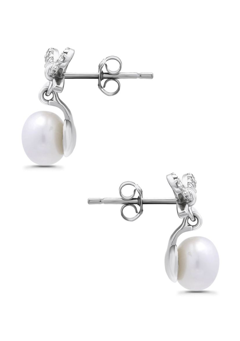 Freshwater Pearl and Pave White Topaz Bow Sterling Silver Post Earrings