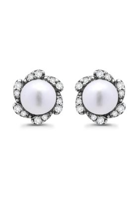 Belk & Co Freshwater Pearl with Pave White Topaz Scalloped Halo Sterling Silver Post Earrings