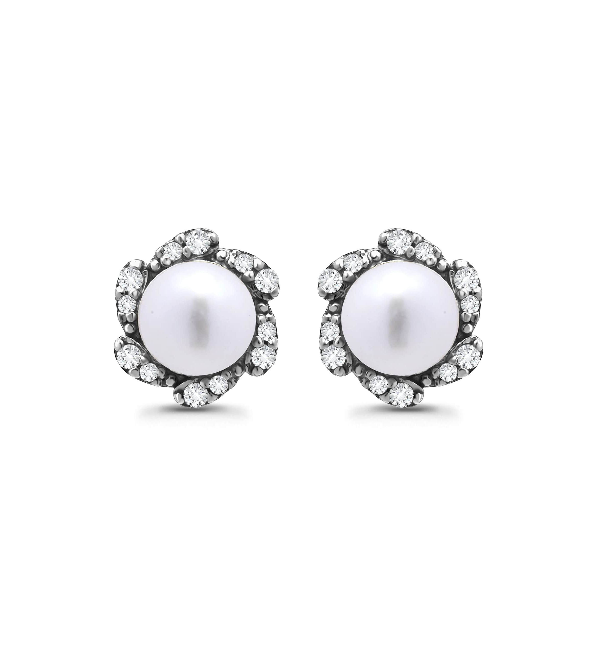 Freshwater Pearl with Pave White Topaz Scalloped Halo Sterling Silver Post Earrings