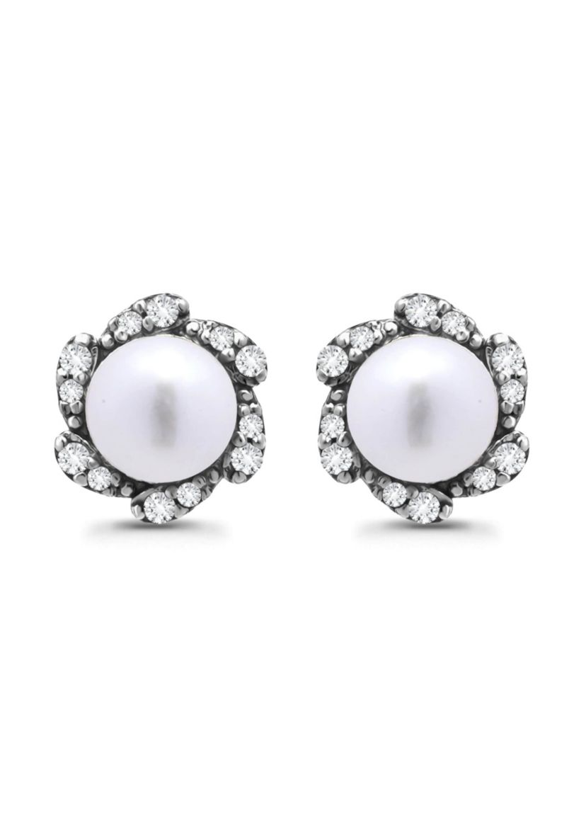 Freshwater Pearl with Pave White Topaz Scalloped Halo Sterling Silver Post Earrings