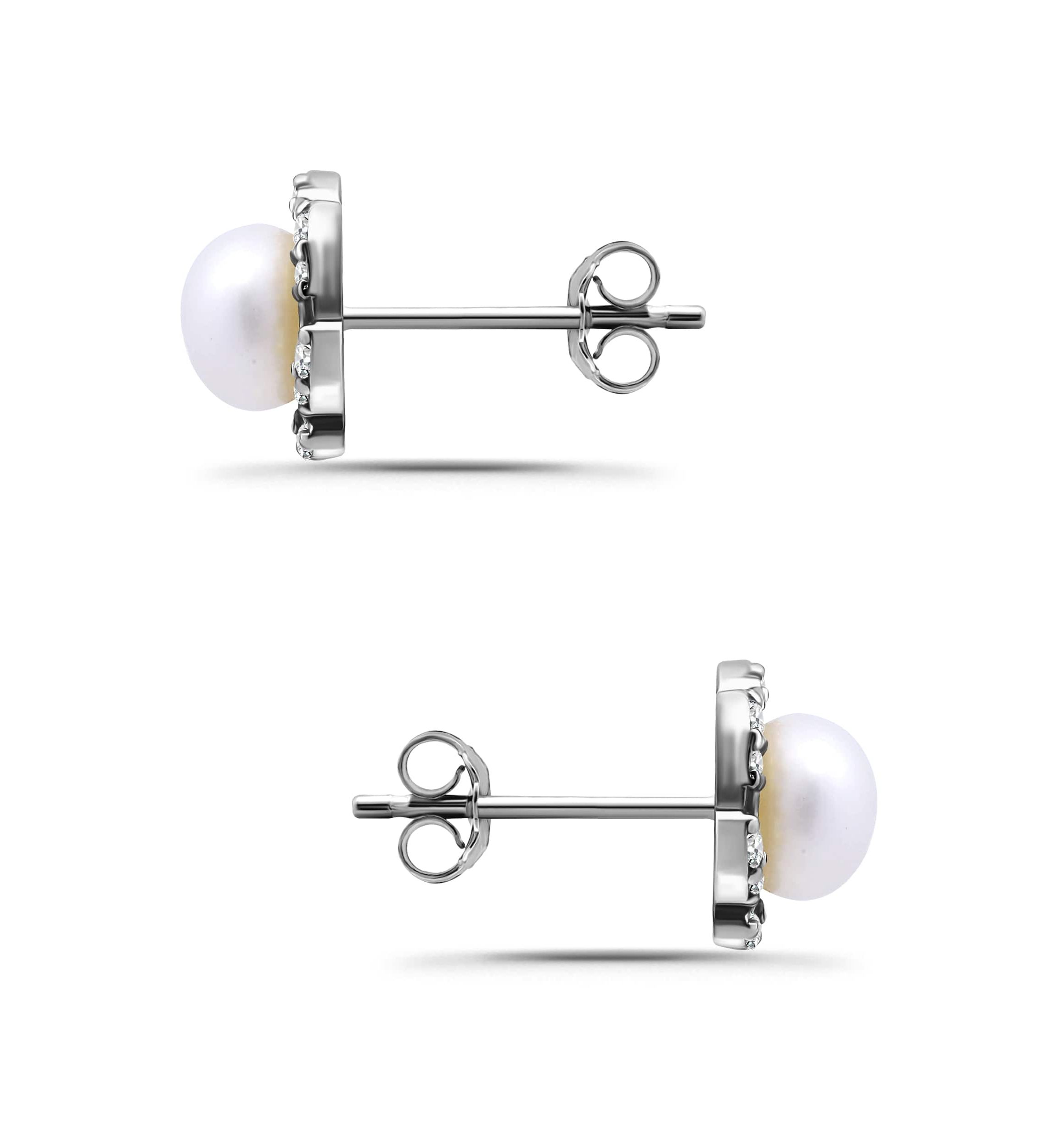 Freshwater Pearl with Pave White Topaz Scalloped Halo Sterling Silver Post Earrings