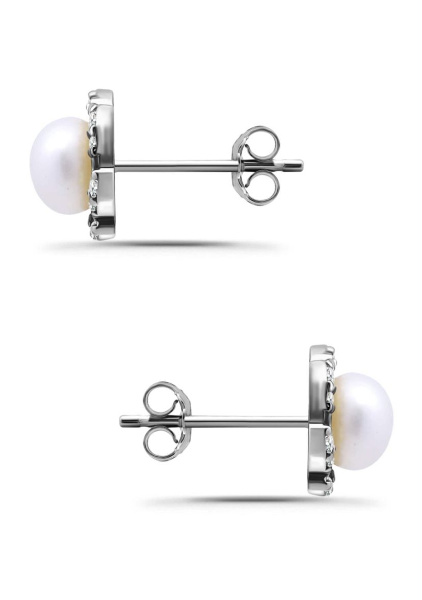Freshwater Pearl with Pave White Topaz Scalloped Halo Sterling Silver Post Earrings