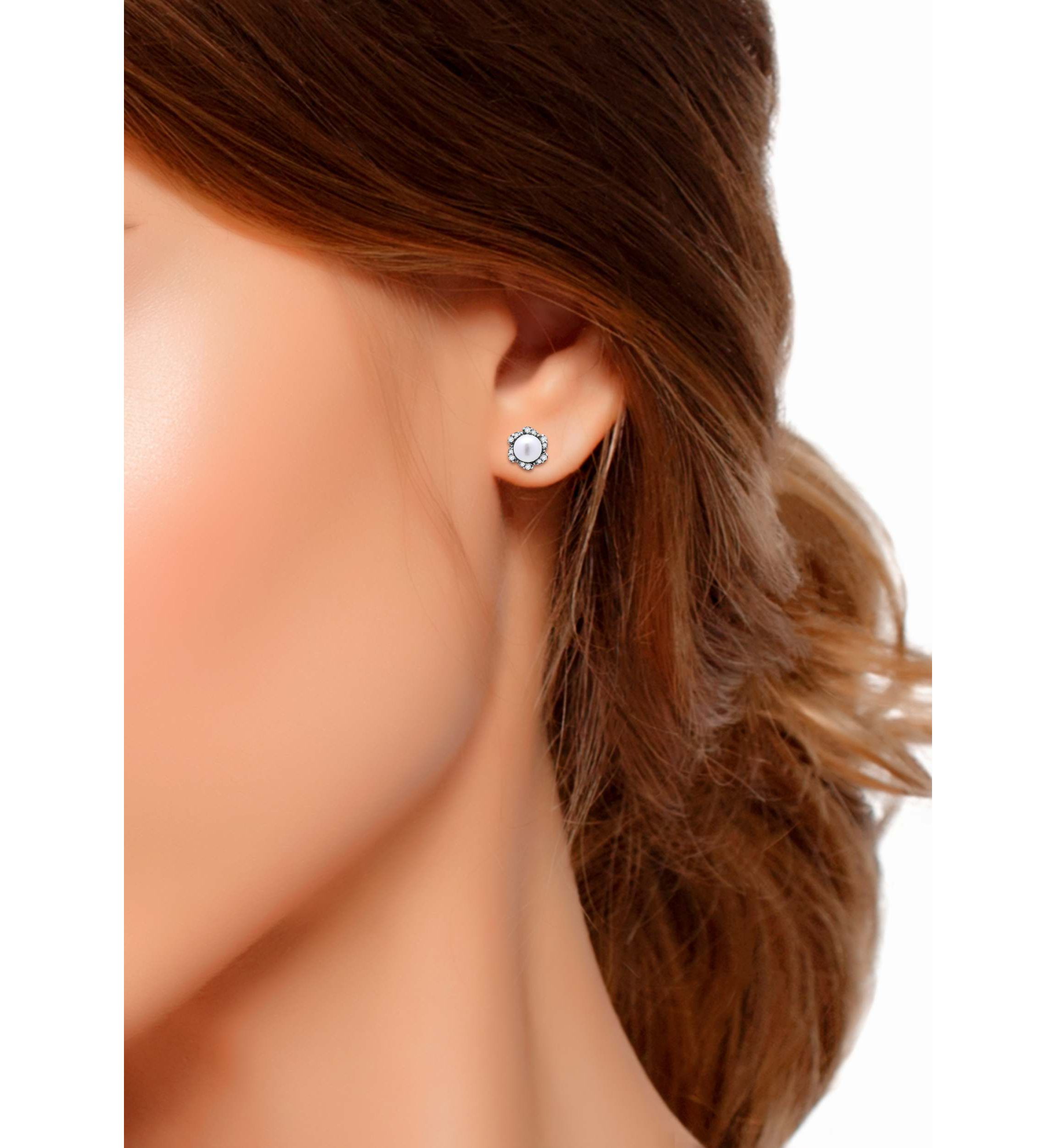 Freshwater Pearl with Pave White Topaz Scalloped Halo Sterling Silver Post Earrings