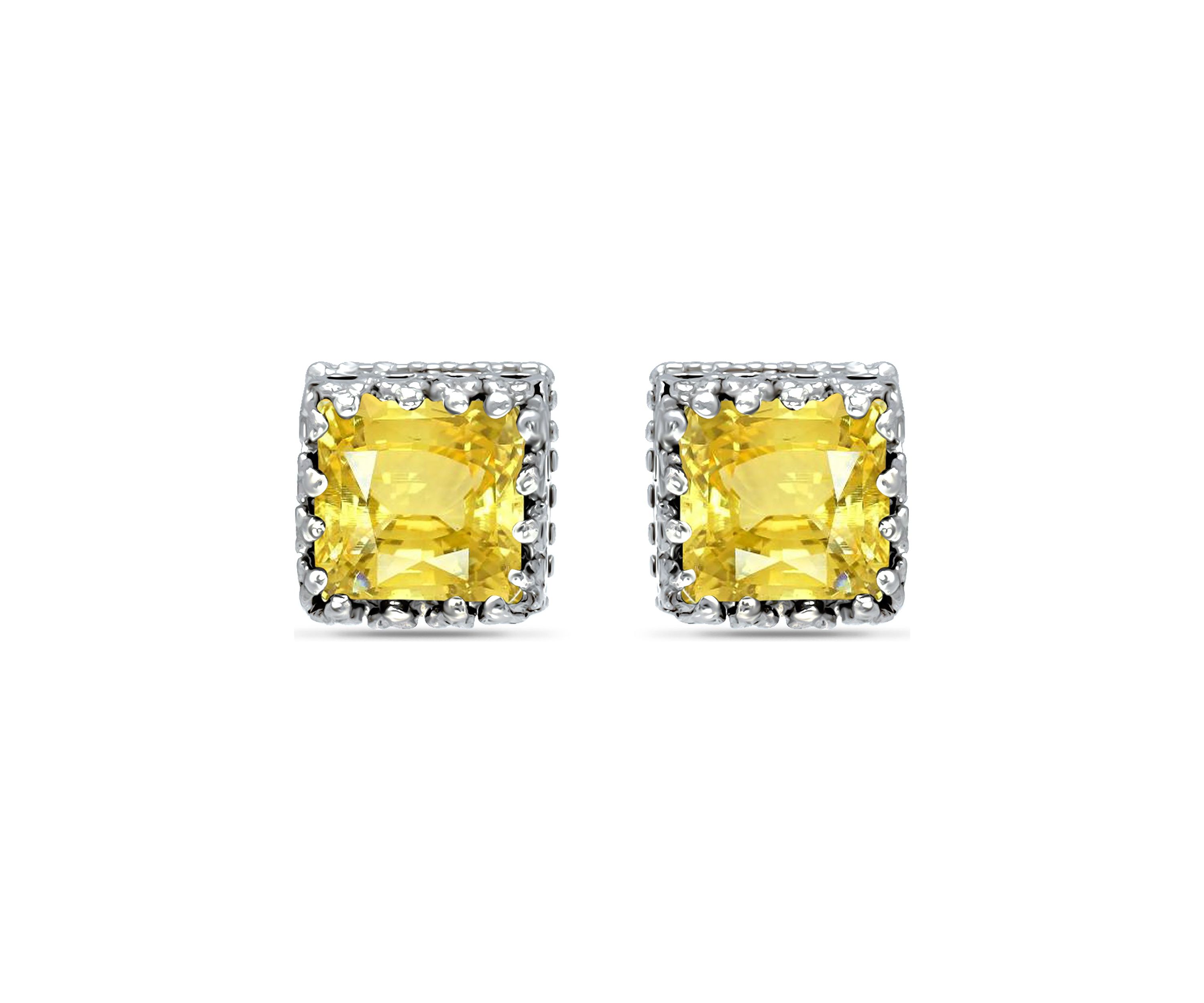 1-1/4 ct. 6MM Princess Cut Citrine Crown Stud Earrings, Sterling Silver