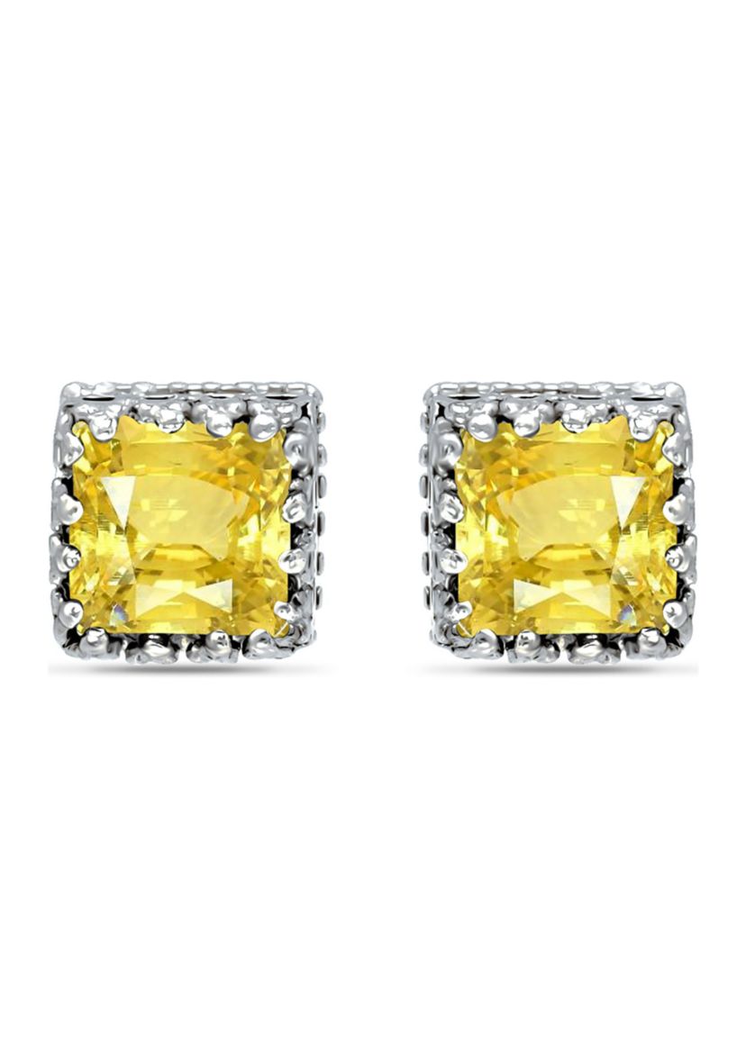 1-1/4 ct. 6MM Princess Cut Citrine Crown Stud Earrings, Sterling Silver