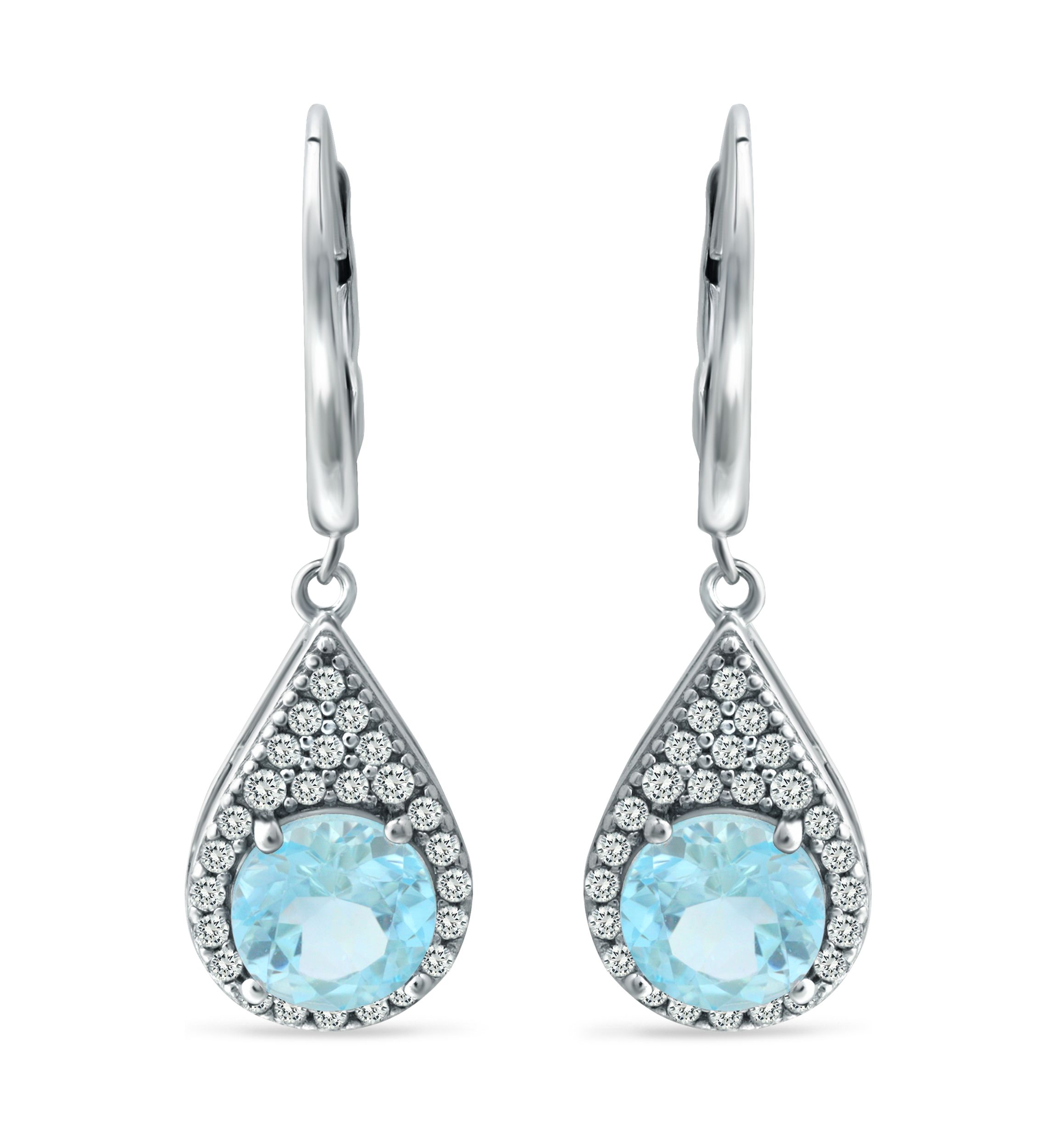 3.25 ct. t.w. Swiss Blue Topaz and Created White Sapphire Lever Back Drop Earrings in Sterling Silver