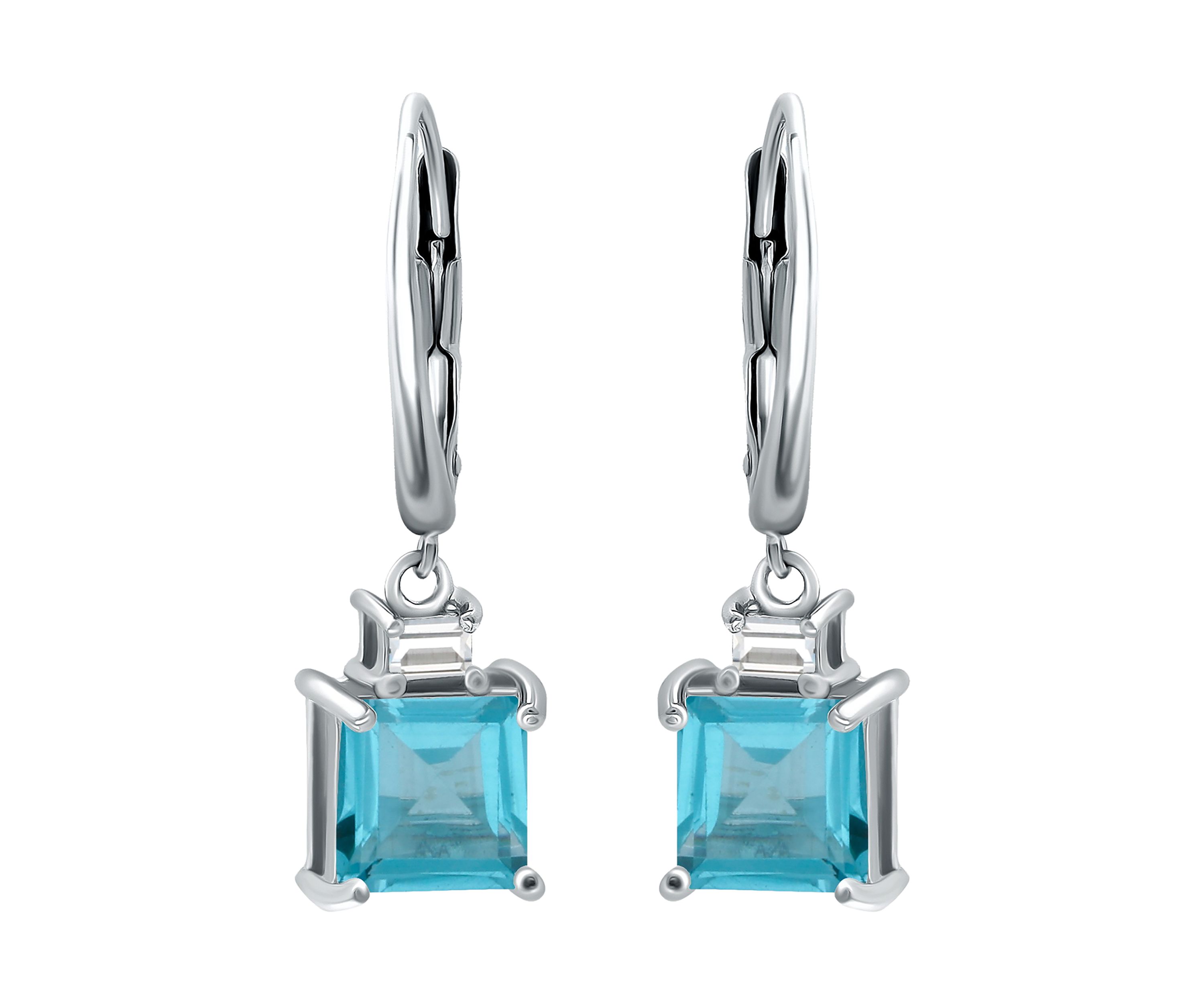 3.26 ct. t.w. Blue Topaz and Created  White Sapphire Drop Lever Back Earrings, Sterling Silver
