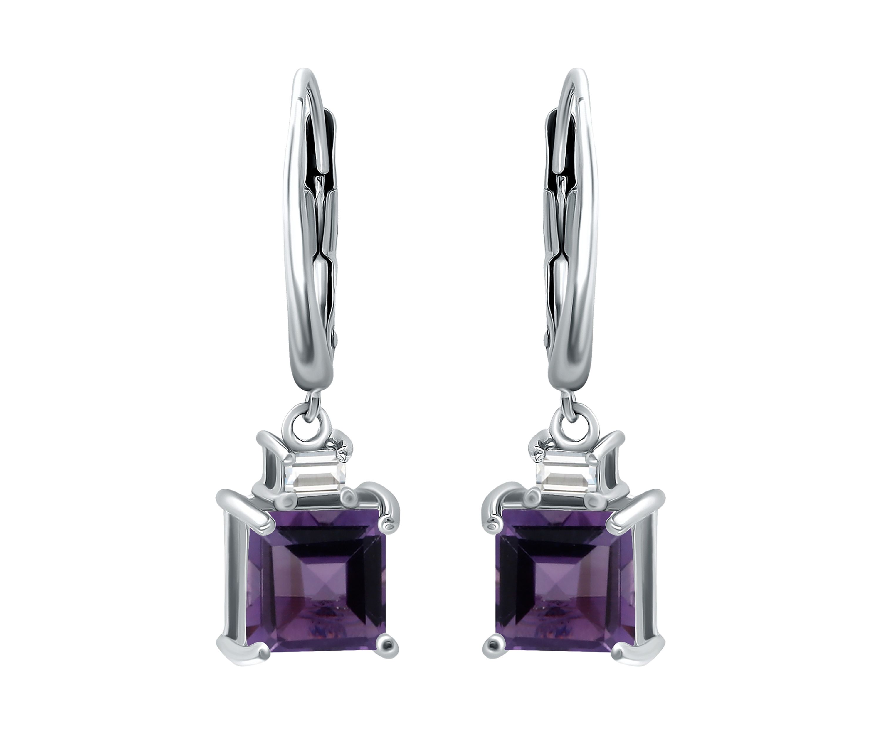 2.77 ct. t.w. Amethyst and Created  White Sapphire Drop Lever Back Earrings, Sterling Silver
