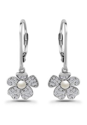 Belk & Co Freshwater Pearl and Pave White Topaz Flower Sterling Silver Leverback Drop Earrings
