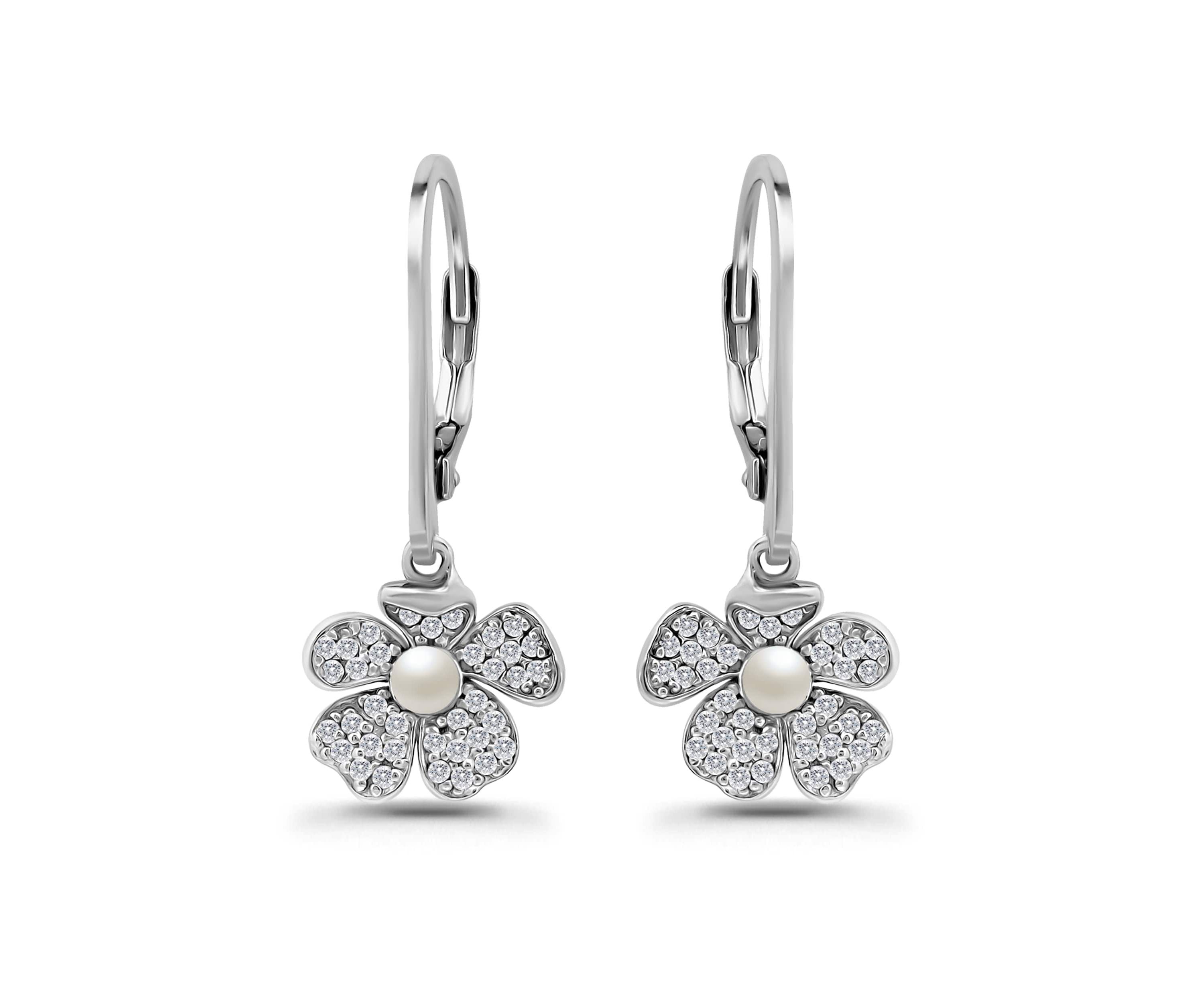 Freshwater Pearl and Pave White Topaz Flower Sterling Silver Leverback Drop Earrings