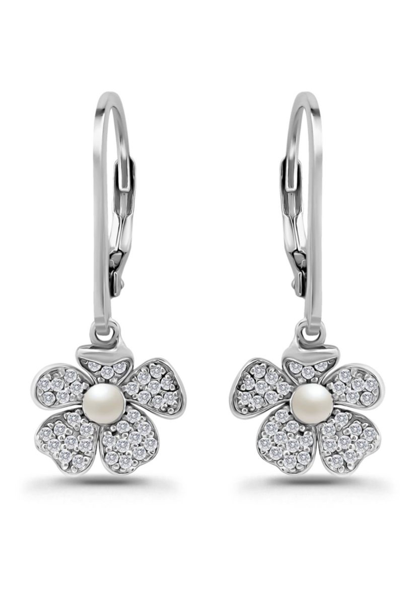 Freshwater Pearl and Pave White Topaz Flower Sterling Silver Leverback Drop Earrings