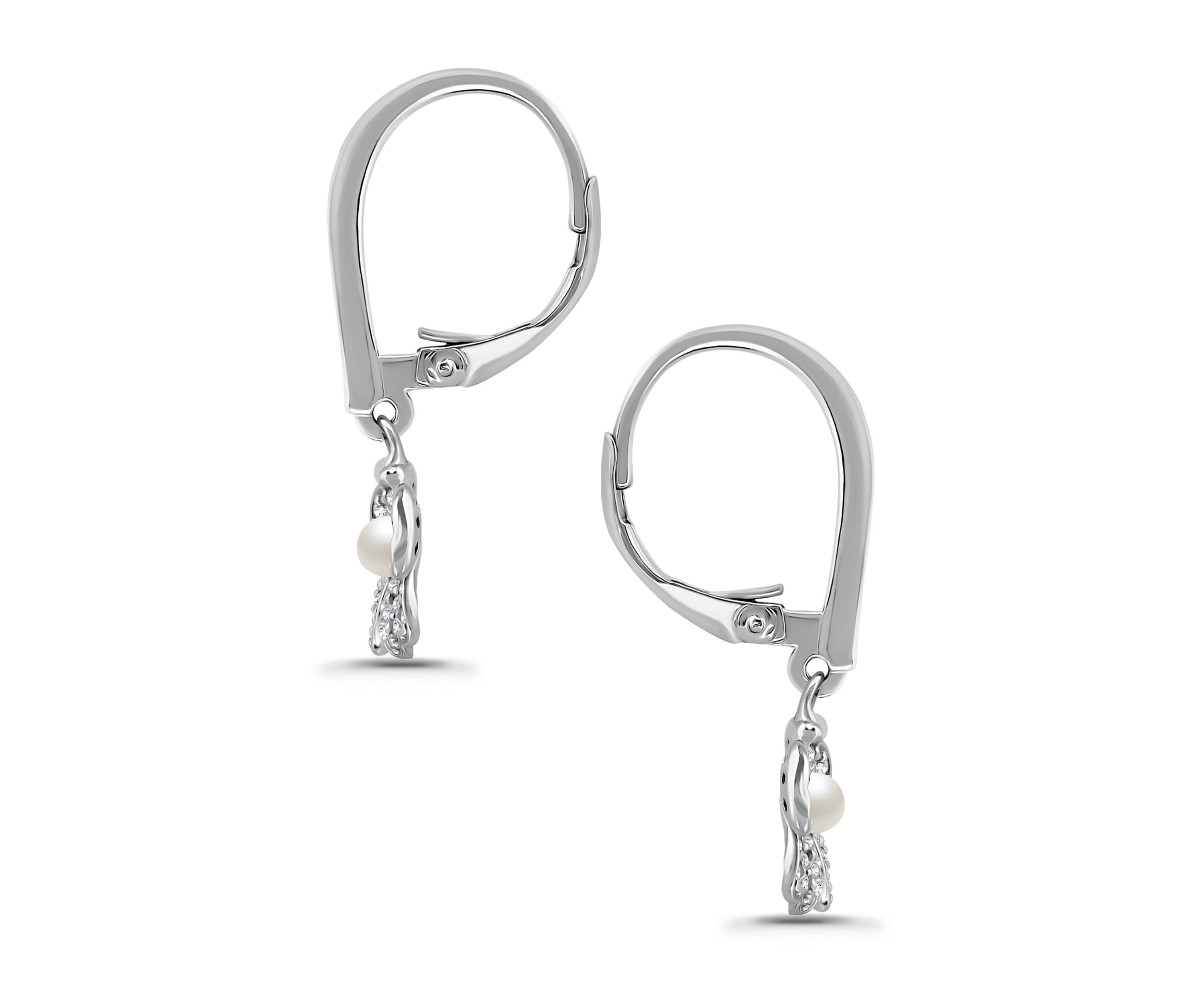 Freshwater Pearl and Pave White Topaz Flower Sterling Silver Leverback Drop Earrings