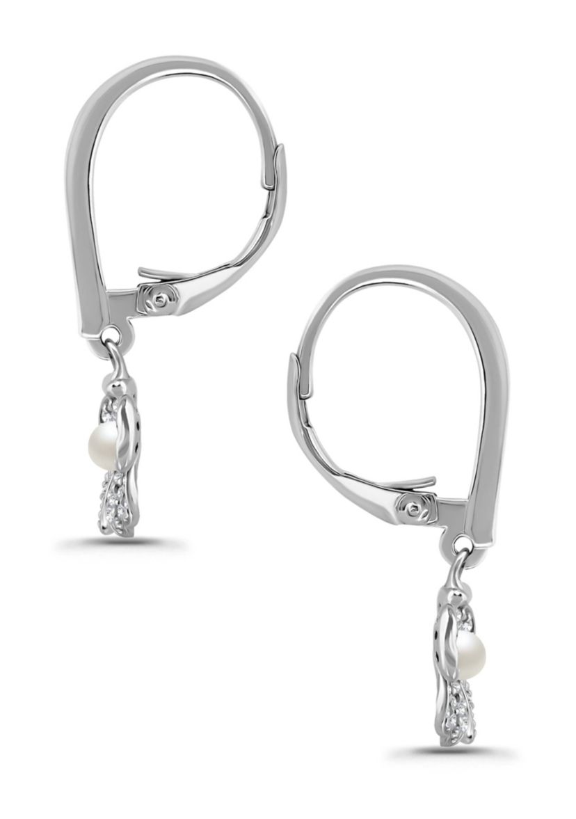 Freshwater Pearl and Pave White Topaz Flower Sterling Silver Leverback Drop Earrings