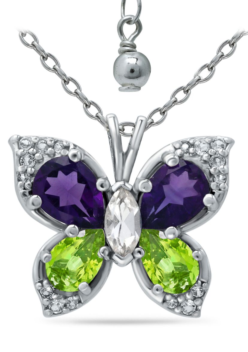 2.2 ct. t.w. Amethyst, Peridot and White Topaz Butterfly Pendant in Sterling Silver