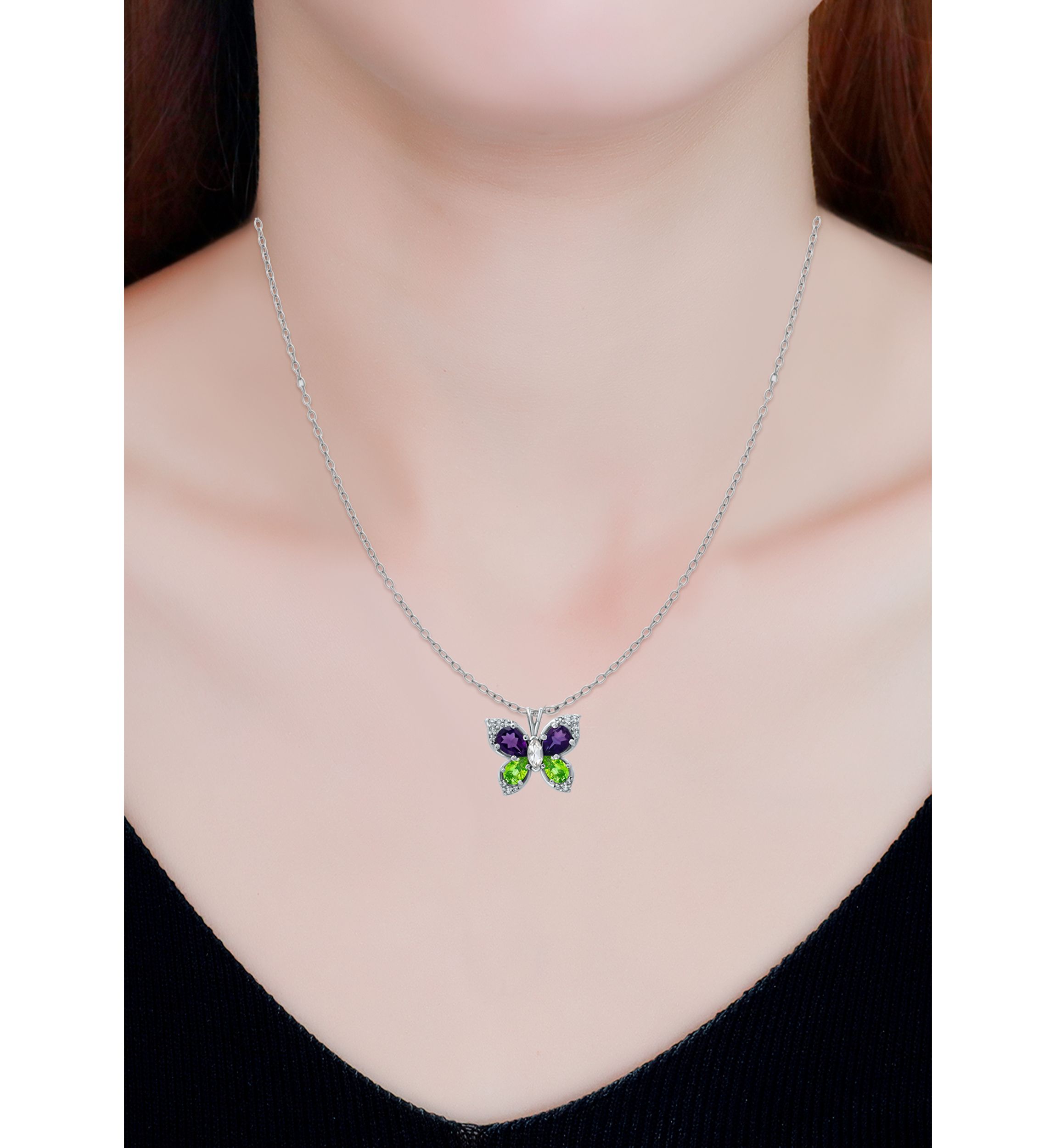 2.2 ct. t.w. Amethyst, Peridot and White Topaz Butterfly Pendant in Sterling Silver