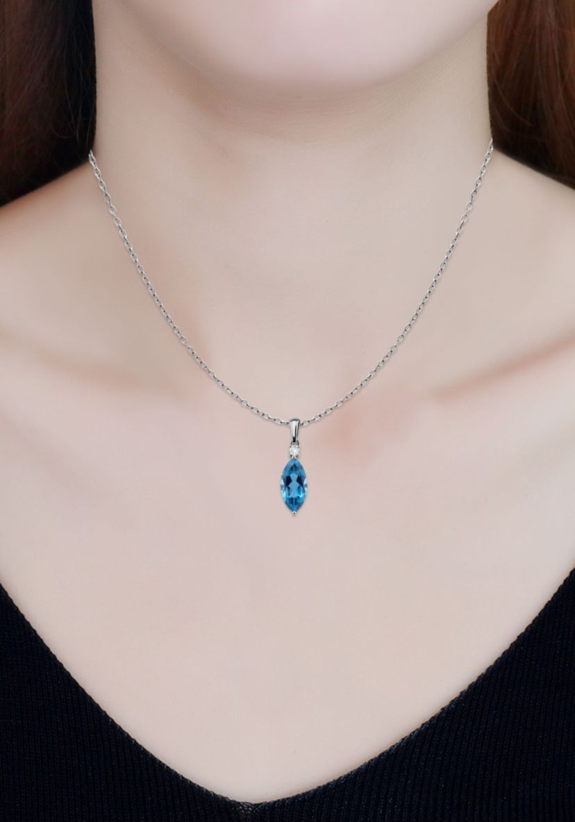 4 5/8 Cttw 16X8mm Marquise London Blue Topaz & 3mm Round White Topaz Pendant w/Bale, Sterling Silver, DS