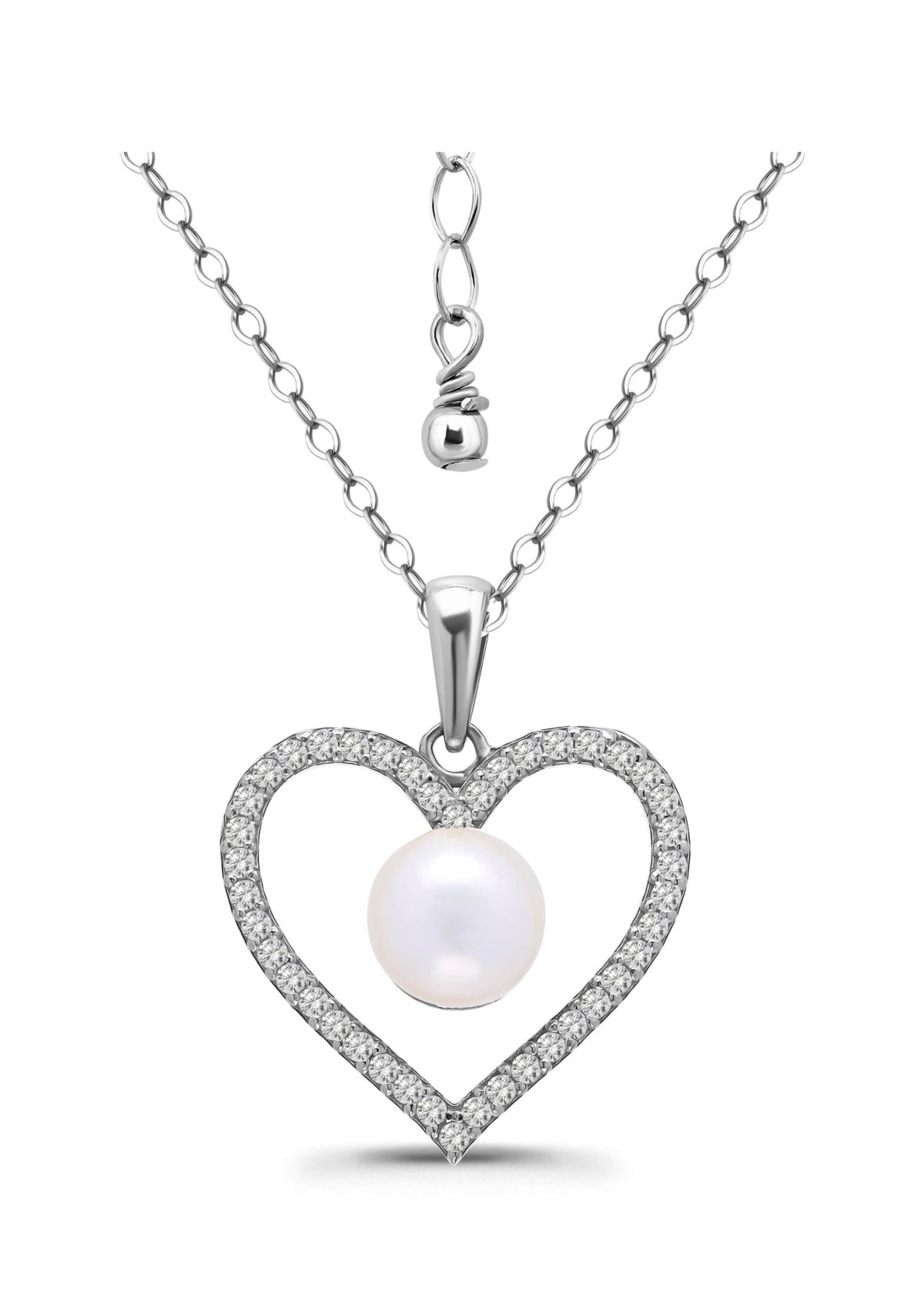 Freshwater Pearl and Pave White Topaz Heart Shaped Sterling Silver Pendant