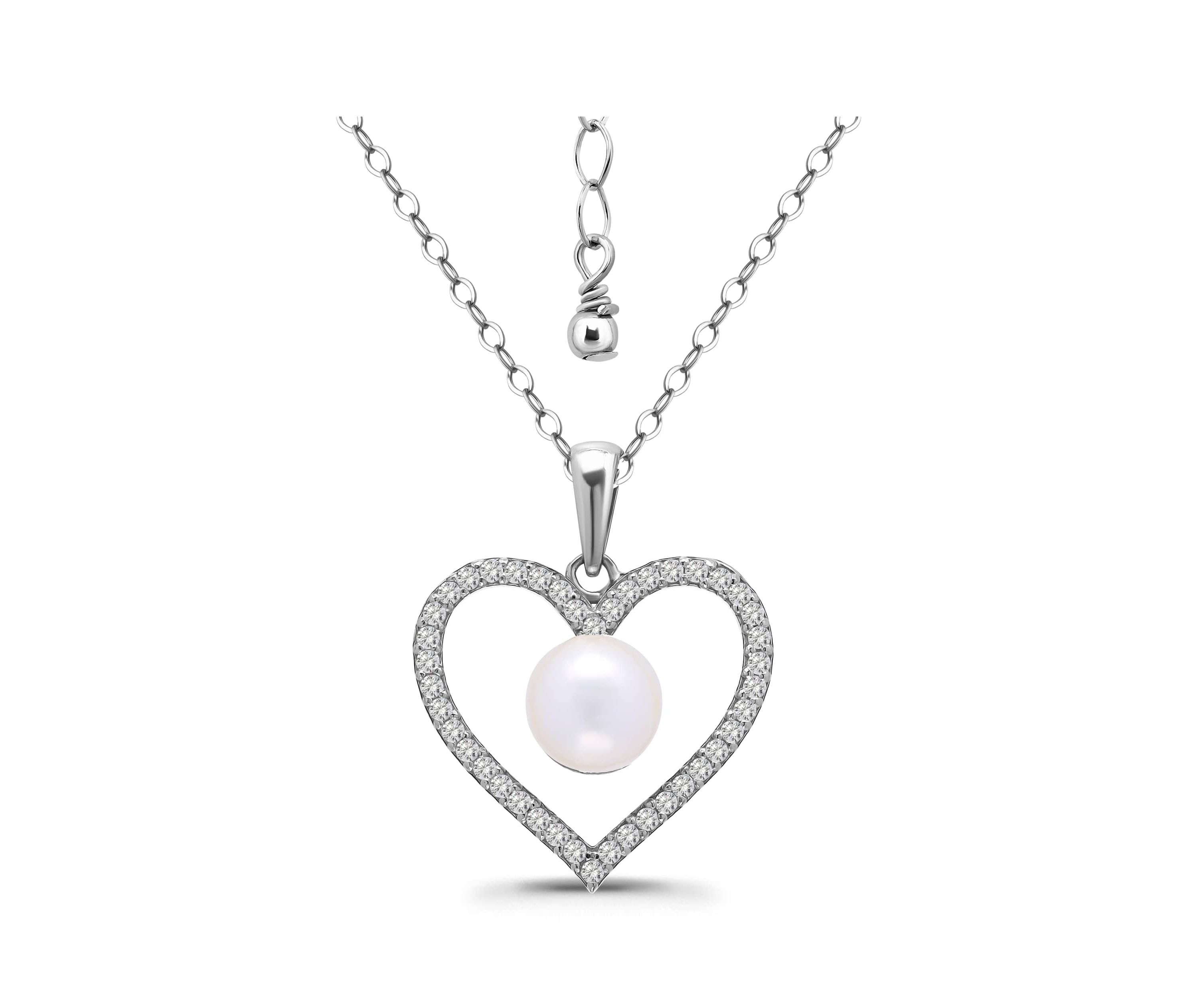 Freshwater Pearl and Pave White Topaz Heart Shaped Sterling Silver Pendant