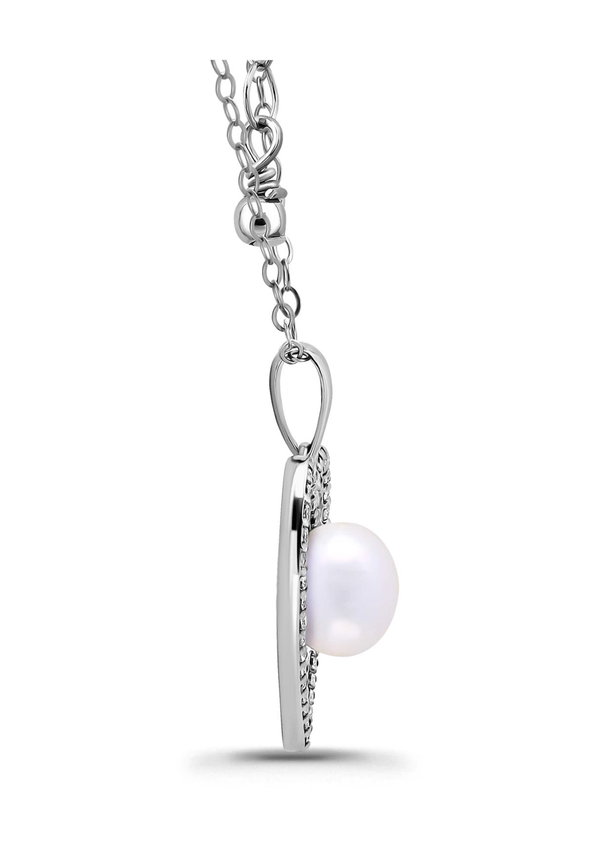 Freshwater Pearl and Pave White Topaz Heart Shaped Sterling Silver Pendant