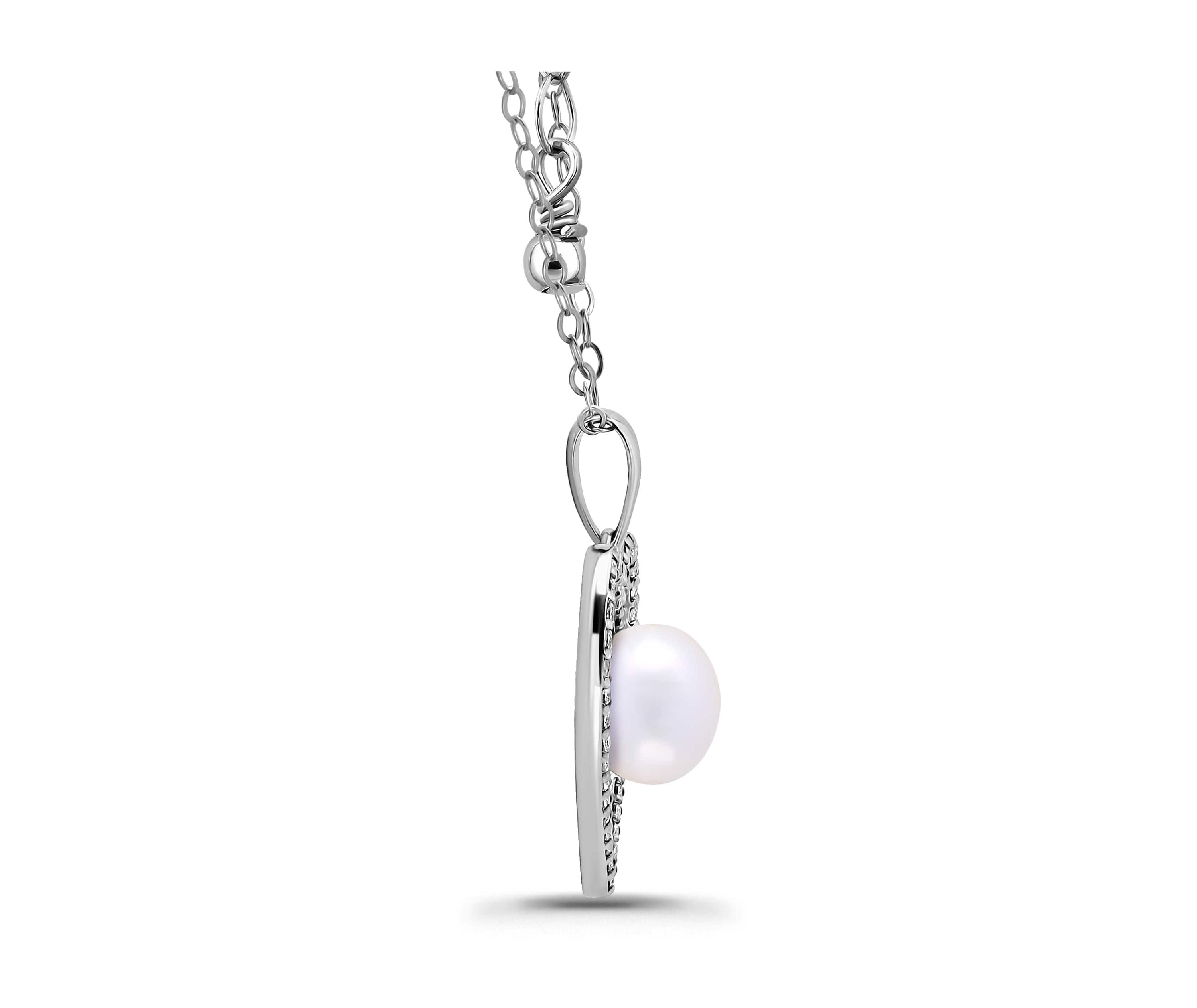 Freshwater Pearl and Pave White Topaz Heart Shaped Sterling Silver Pendant
