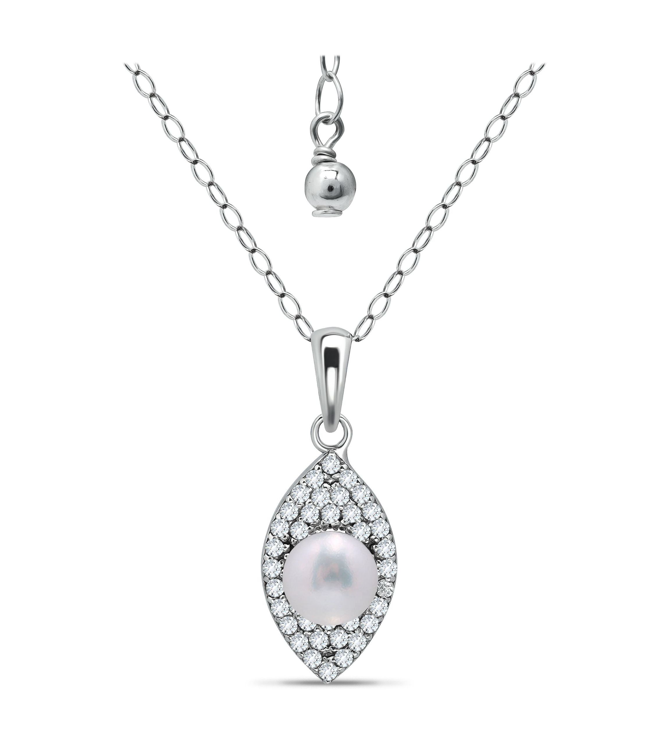 1.81 Cttw 4mm Freshwater Pearl Cubic Zirconia Marquise Shape Drop Pendant 16" with 2" Extender, Sterling Silver