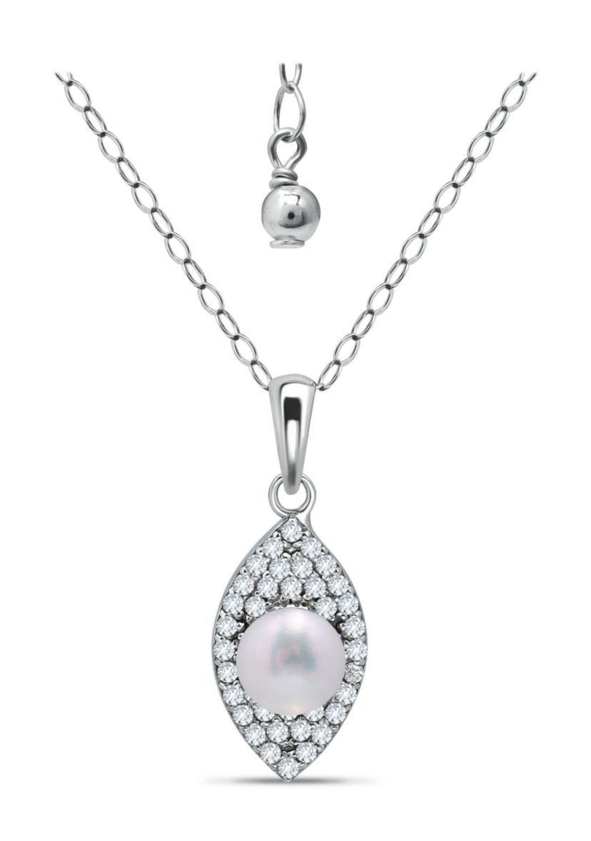 1.81 Cttw 4mm Freshwater Pearl Cubic Zirconia Marquise Shape Drop Pendant 16" with 2" Extender, Sterling Silver