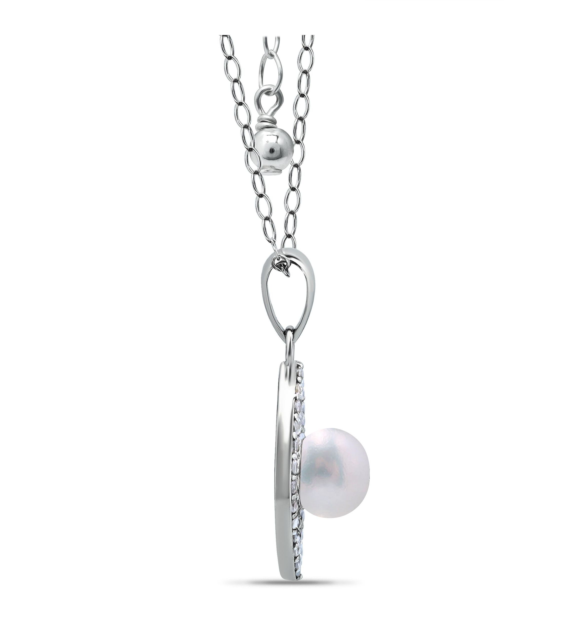 1.81 Cttw 4mm Freshwater Pearl Cubic Zirconia Marquise Shape Drop Pendant 16" with 2" Extender, Sterling Silver