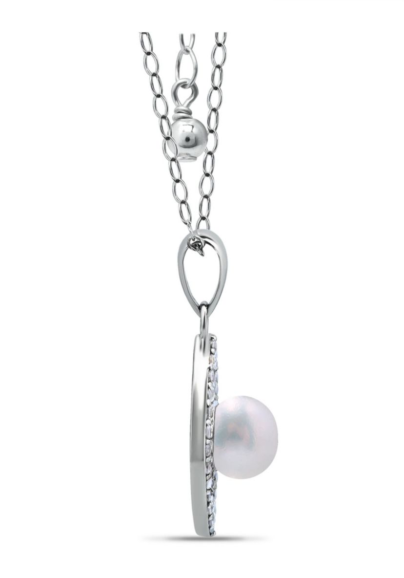 1.81 Cttw 4mm Freshwater Pearl Cubic Zirconia Marquise Shape Drop Pendant 16" with 2" Extender, Sterling Silver