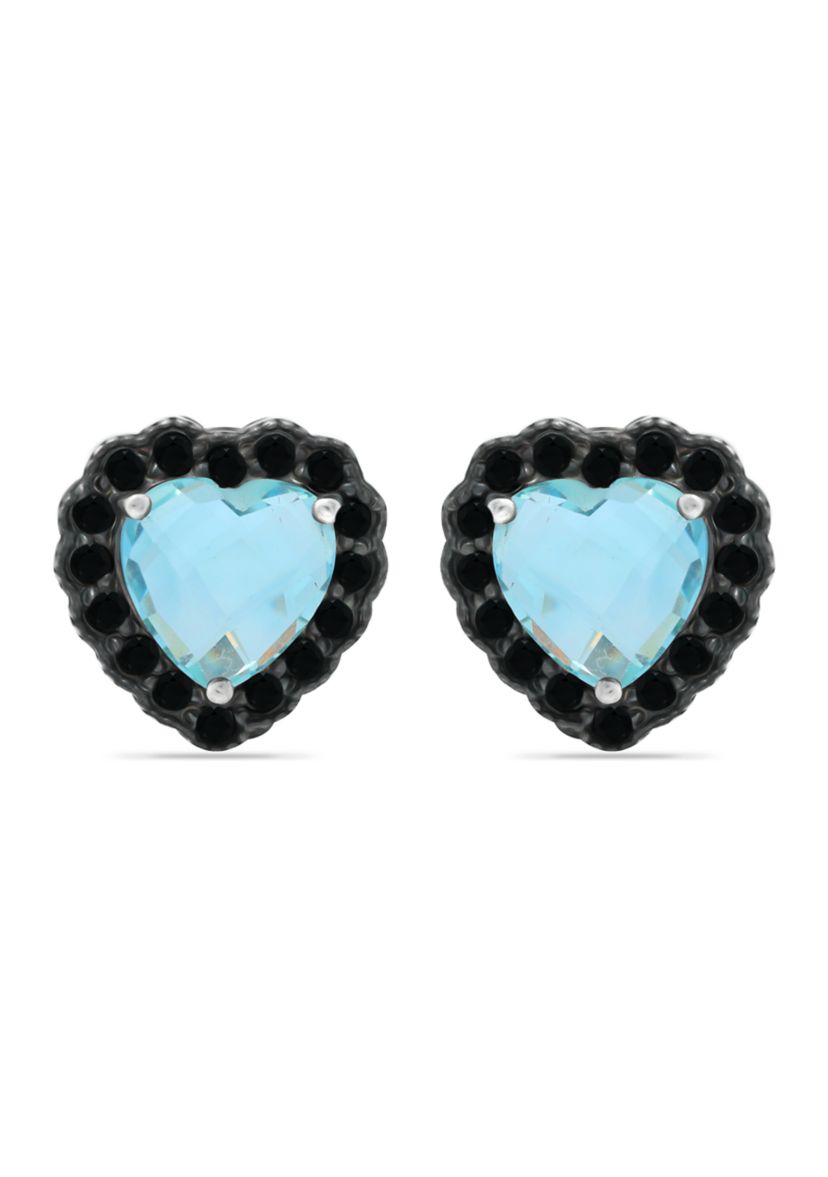  3.1 ct. t.w. Blue Topaz and 2 ct. t.w. Black Spinel Heart Stud Earrings in Sterling Silver