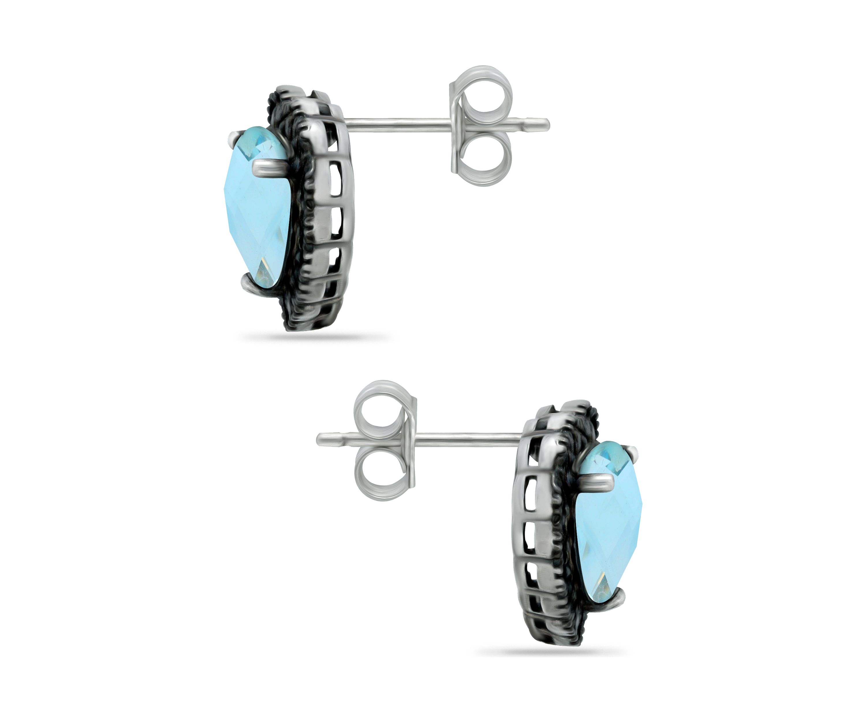  3.1 ct. t.w. Blue Topaz and 2 ct. t.w. Black Spinel Heart Stud Earrings in Sterling Silver