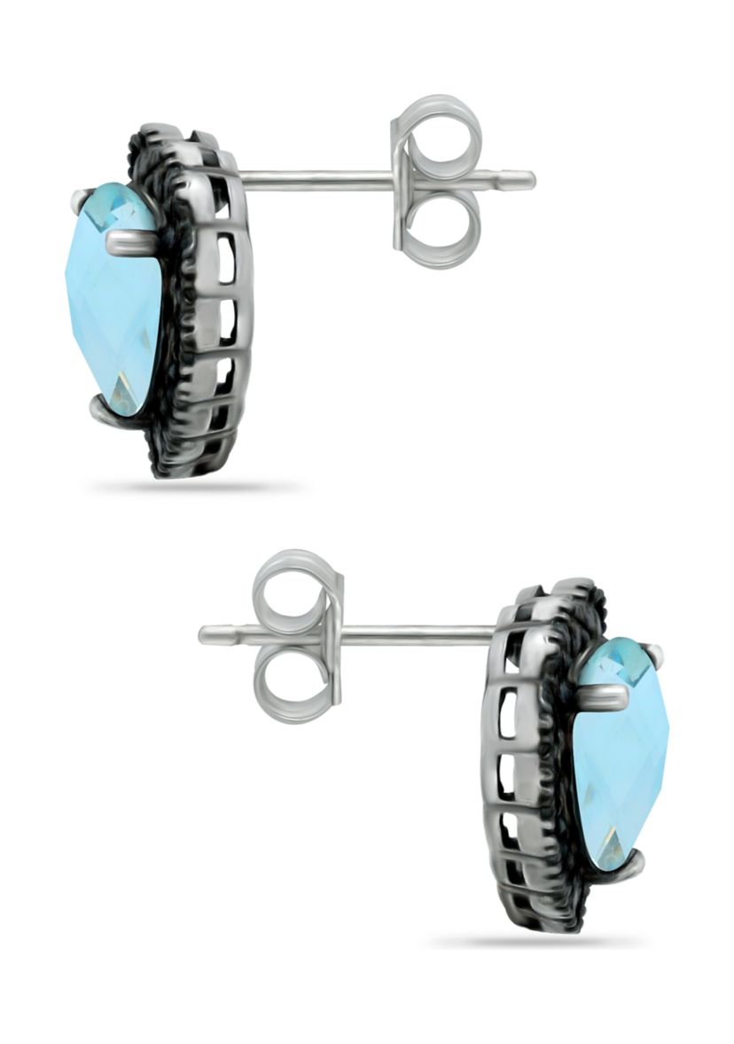  3.1 ct. t.w. Blue Topaz and 2 ct. t.w. Black Spinel Heart Stud Earrings in Sterling Silver
