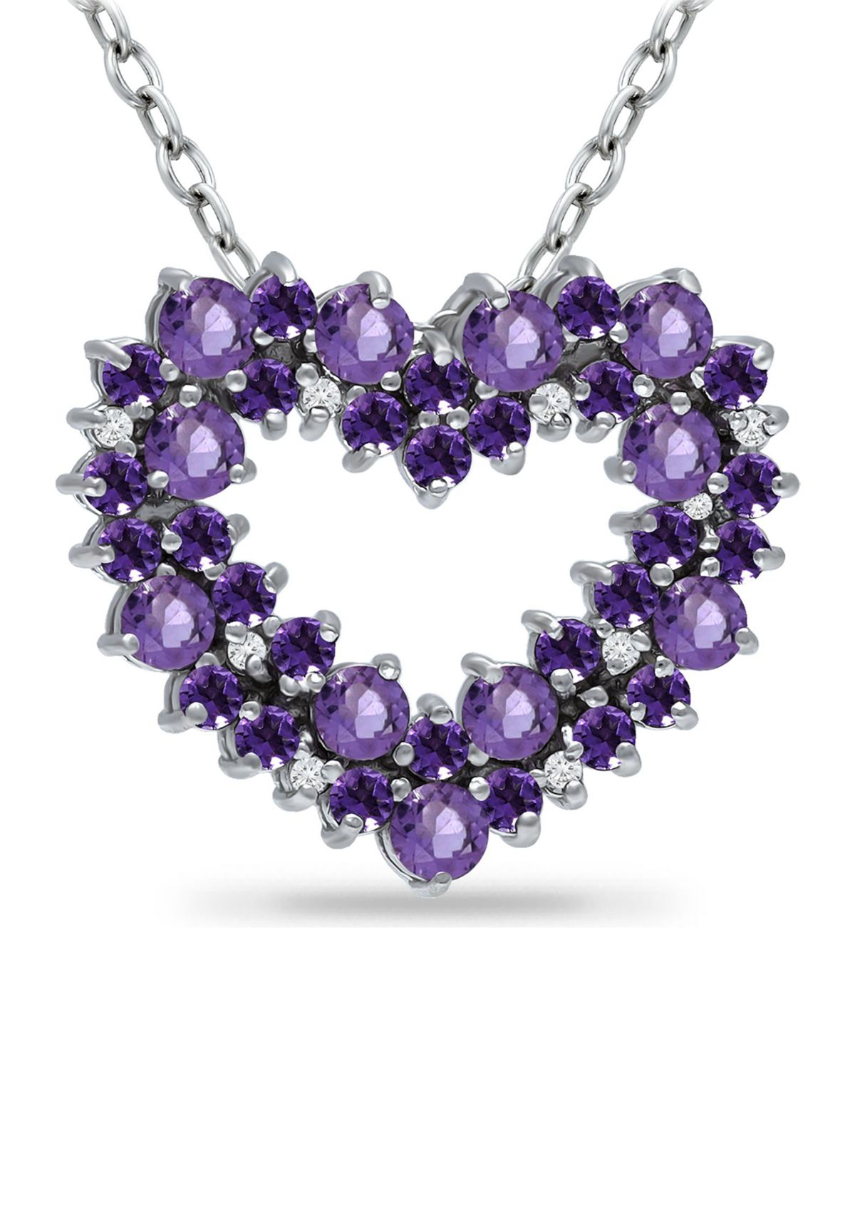 Lab Created 1.8 ct. Amethyst and White Topaz Heart Necklace on 18 inch chain, Sterling Silver