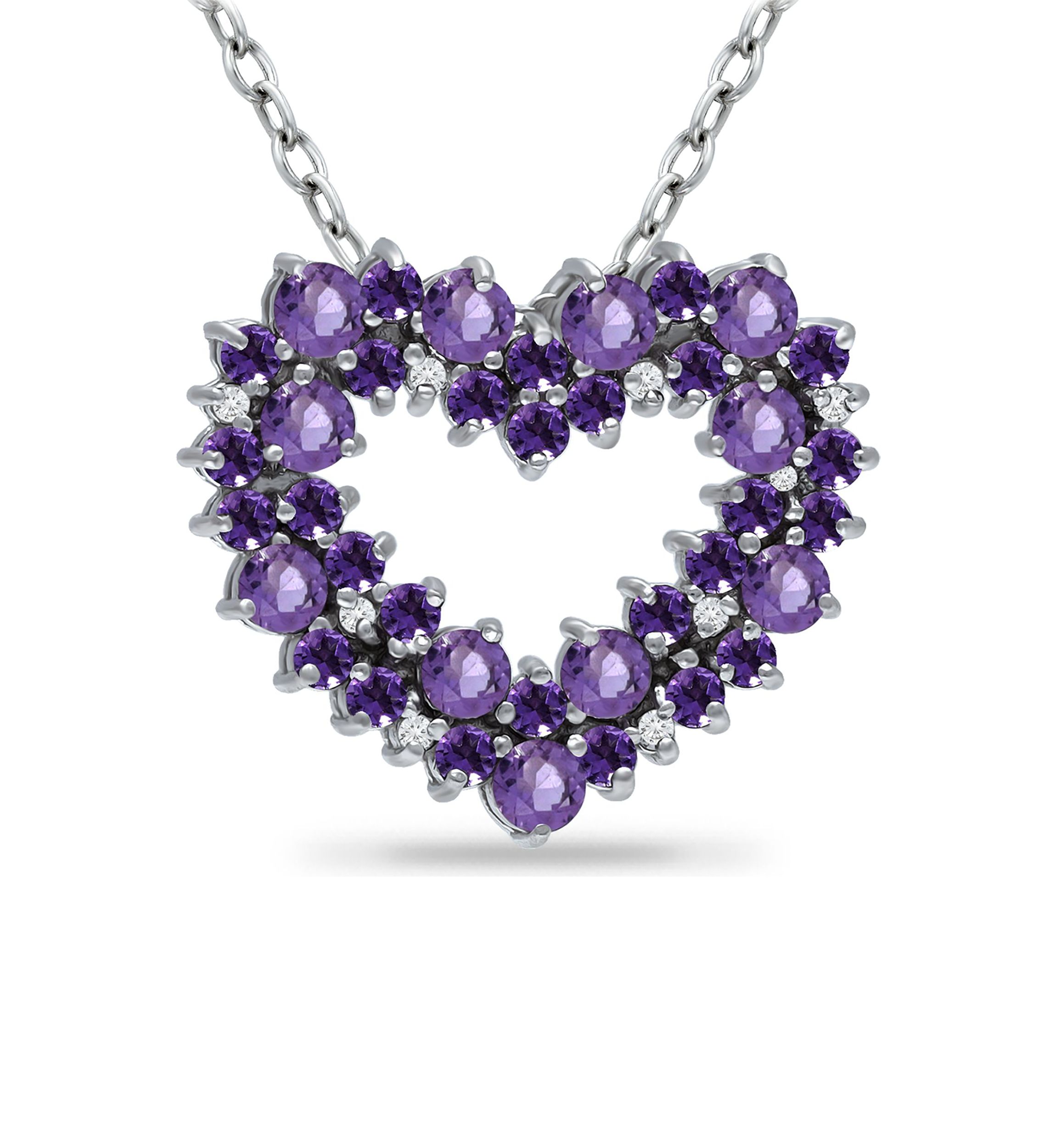 Lab Created 1.8 ct. Amethyst and White Topaz Heart Necklace on 18 inch chain, Sterling Silver