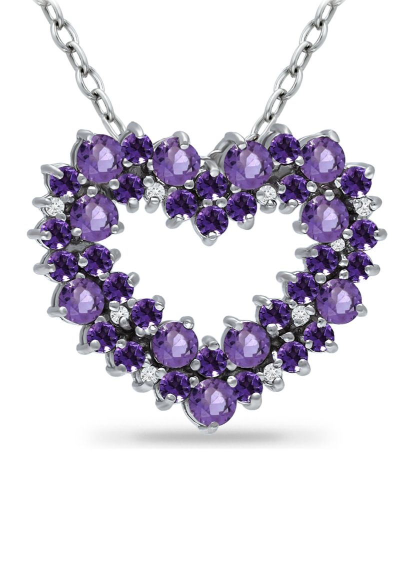 Lab Created 1.8 ct. Amethyst and White Topaz Heart Necklace on 18 inch chain, Sterling Silver