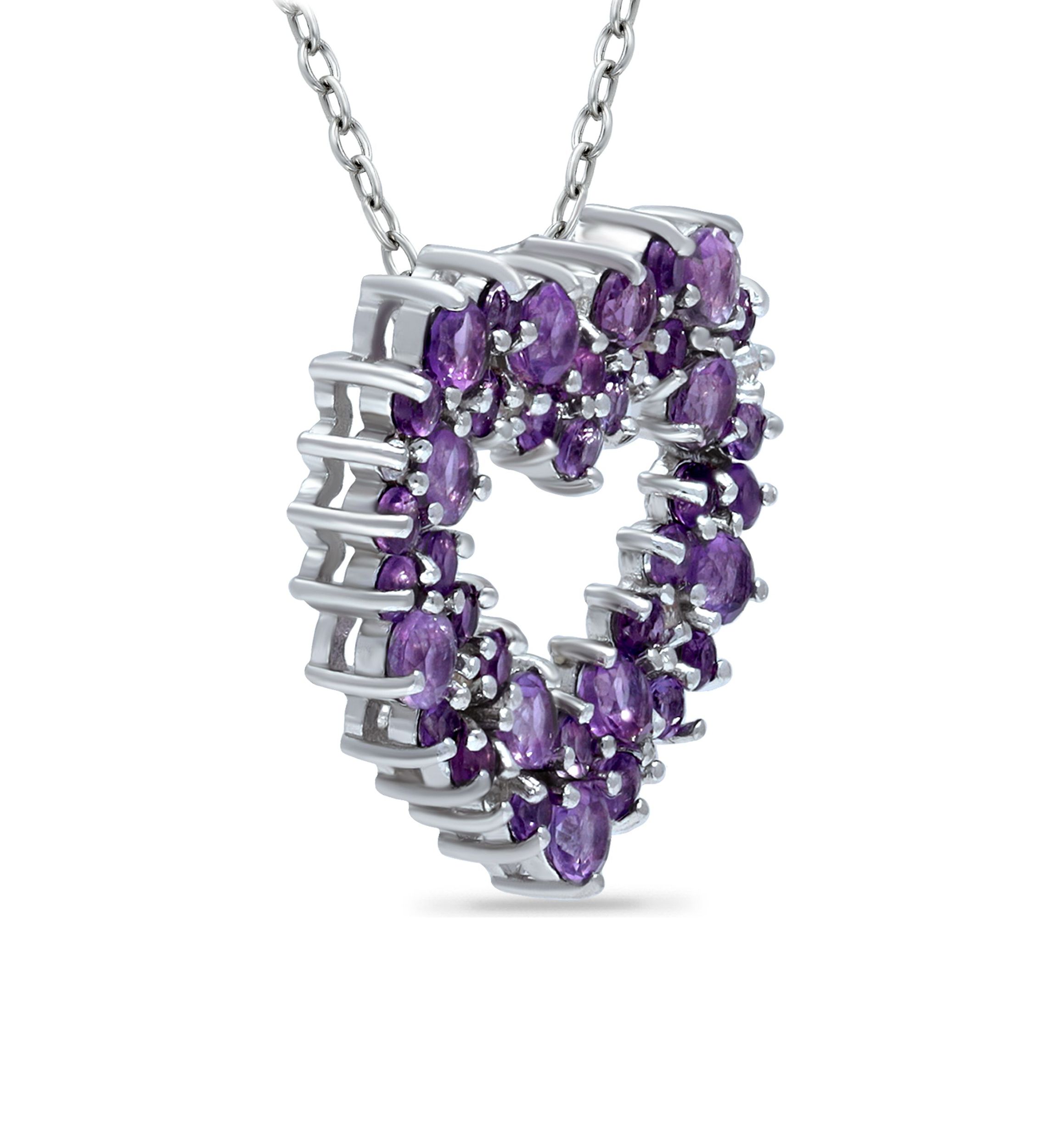 Lab Created 1.8 ct. Amethyst and White Topaz Heart Necklace on 18 inch chain, Sterling Silver