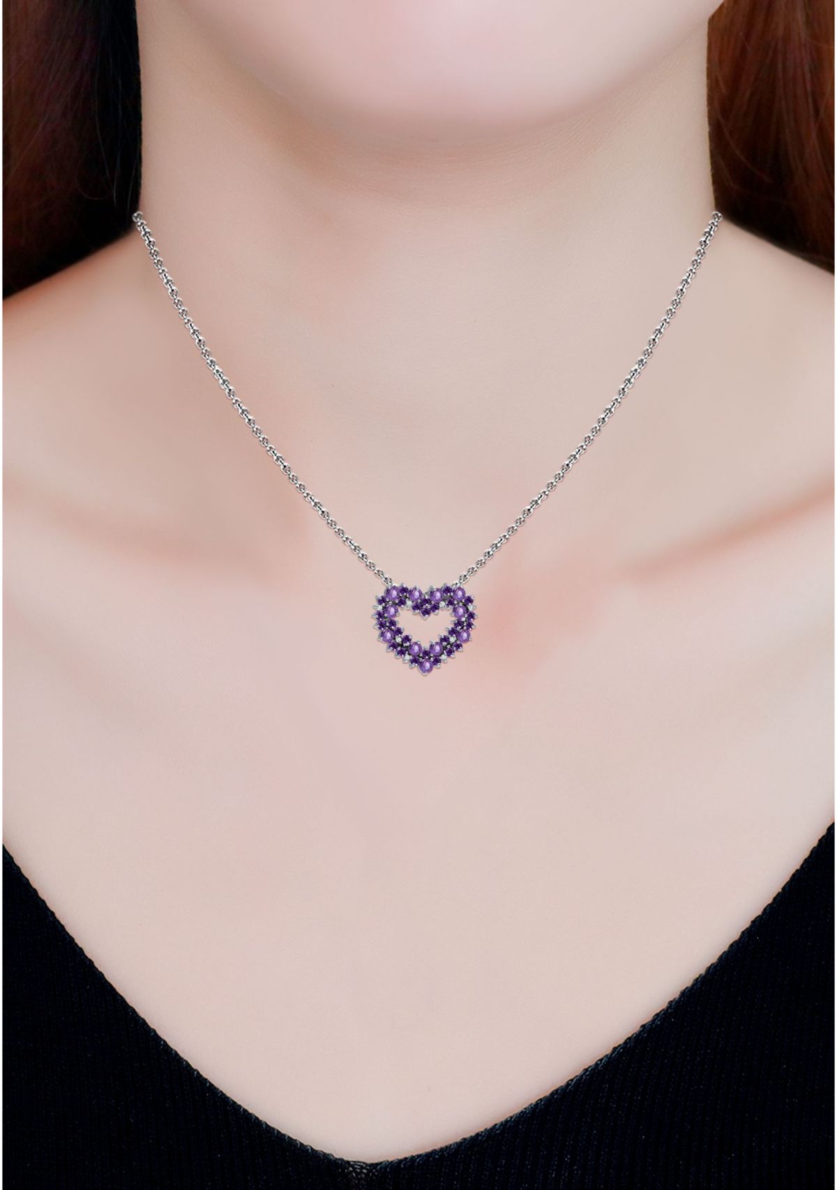 Lab Created 1.8 ct. Amethyst and White Topaz Heart Necklace on 18 inch chain, Sterling Silver