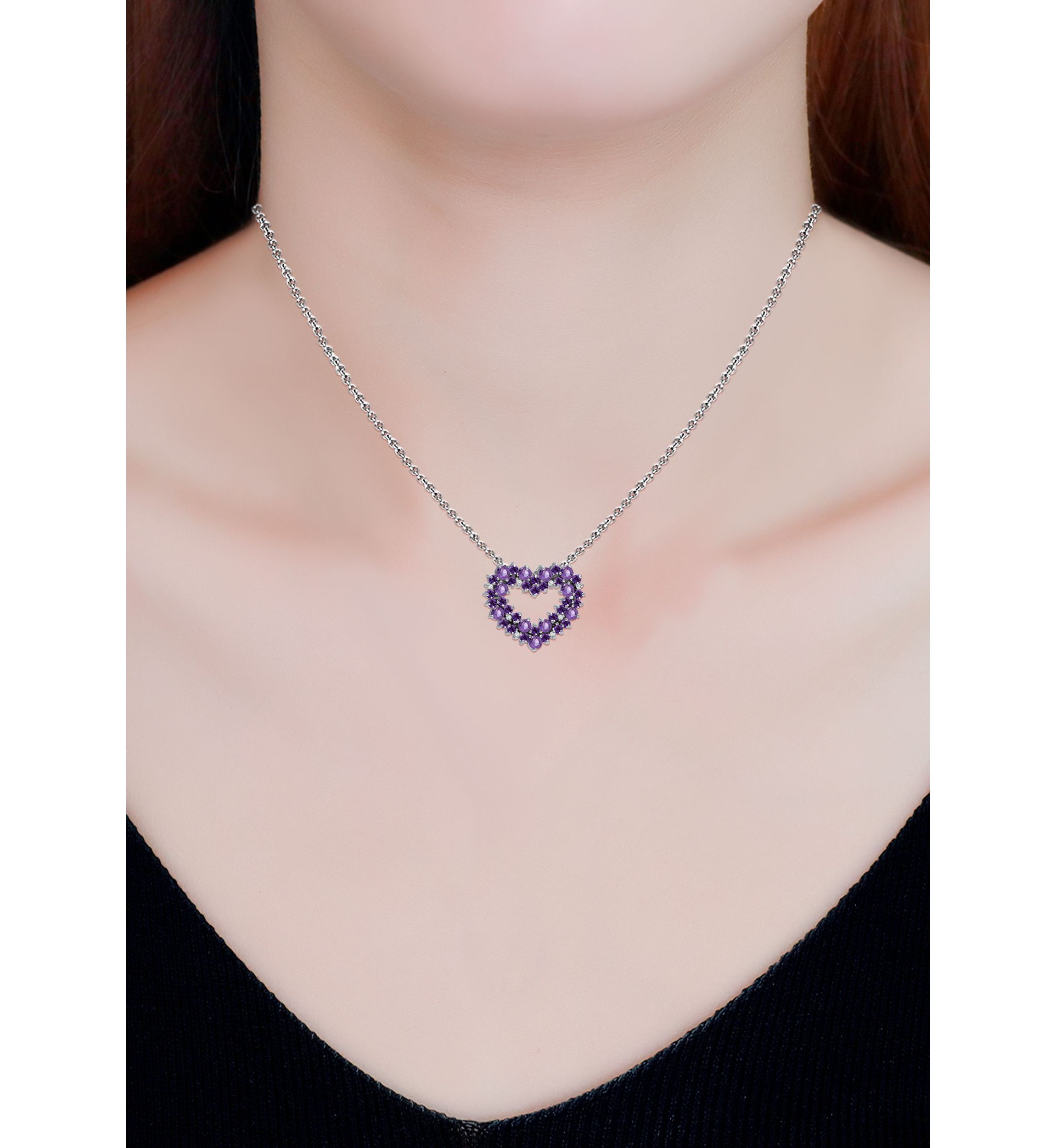 Lab Created 1.8 ct. Amethyst and White Topaz Heart Necklace on 18 inch chain, Sterling Silver
