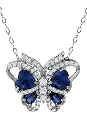 Belk & Co Lab Created 3.26 ct. t.w. Synthetic Blue and Created White Sapphire Butterfly Necklace on 18 Inch Chain, Sterling Silver