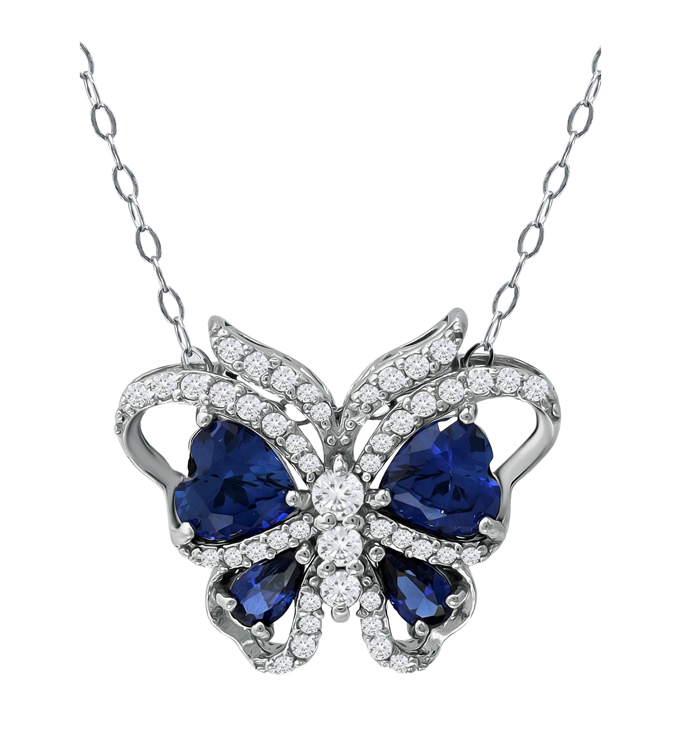 Lab Created 3.26 ct. t.w. Synthetic Blue and Created White Sapphire Butterfly Necklace on 18 Inch Chain, Sterling Silver