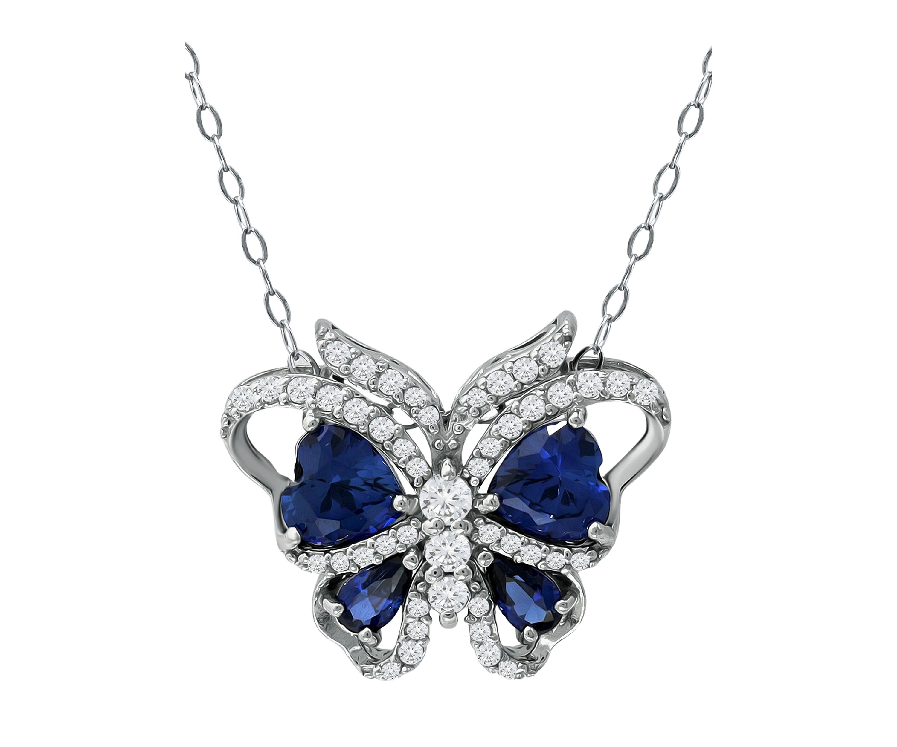 Lab Created 3.26 ct. t.w. Synthetic Blue and Created White Sapphire Butterfly Necklace on 18 Inch Chain, Sterling Silver