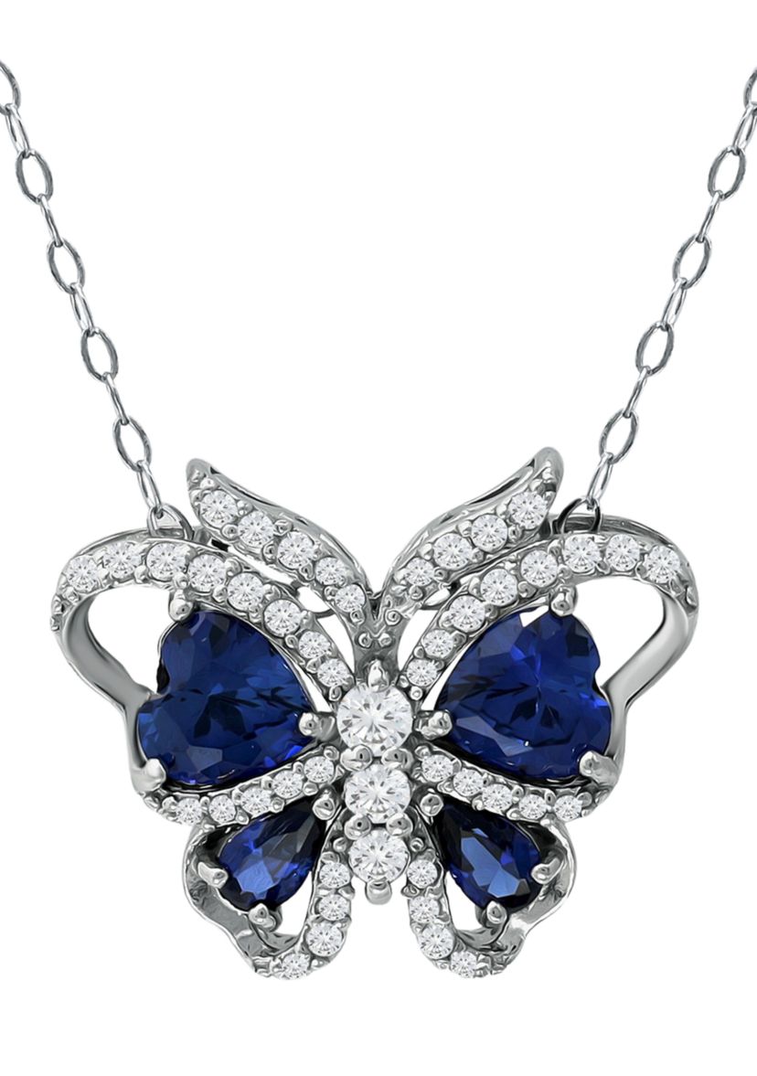 Lab Created 3.26 ct. t.w. Synthetic Blue and Created White Sapphire Butterfly Necklace on 18 Inch Chain, Sterling Silver