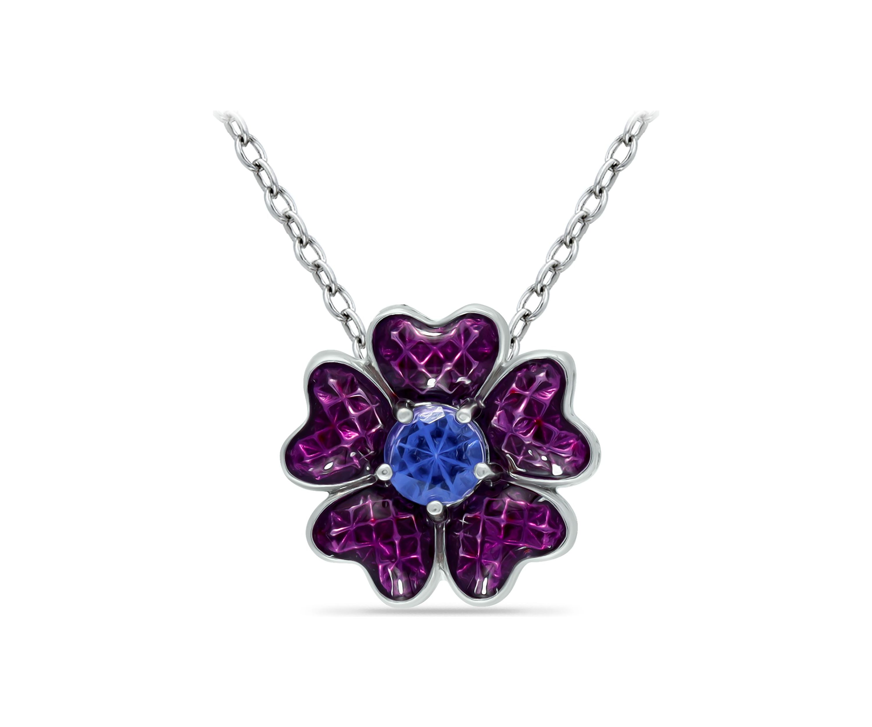 Lab Created 0.49 ct. Nano Tanzanite and Enamel Flower Necklace on 18 inch chain, Sterling Silver